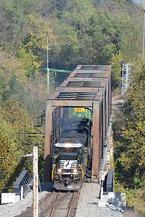 NS 211 led by  NS #8880  crosses the South Fork of the Shenandoah River