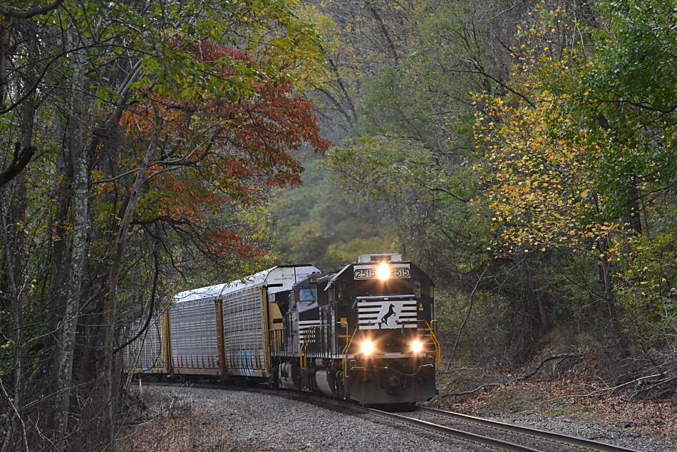 NS 290 led by SD70 #2515 climbs Linden Hill on a drizzly fall day 