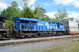 NS ES-44AC #8098 (the Conrail Heritage Unit) trails on train 227 as it crests Linden Hill on 5/3/2017.
