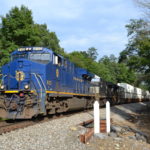 NS train 214 is led by NS ES44AC #8103 (N&W heritage unit) as it heads west through Linden, Va on 8/31/2017.