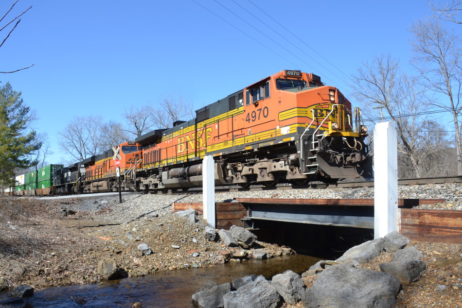 BNSF C44-9W #4970 leads NS train 211 east through Linden, Virginia on 2/27/2018.