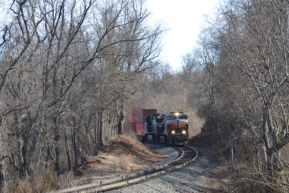 NS train 227 is led west by NS ES44AC #8101 (Central of Georgia Railway heritage unit) on the NS B-line past Linden, Virginia on 12/28/2019.