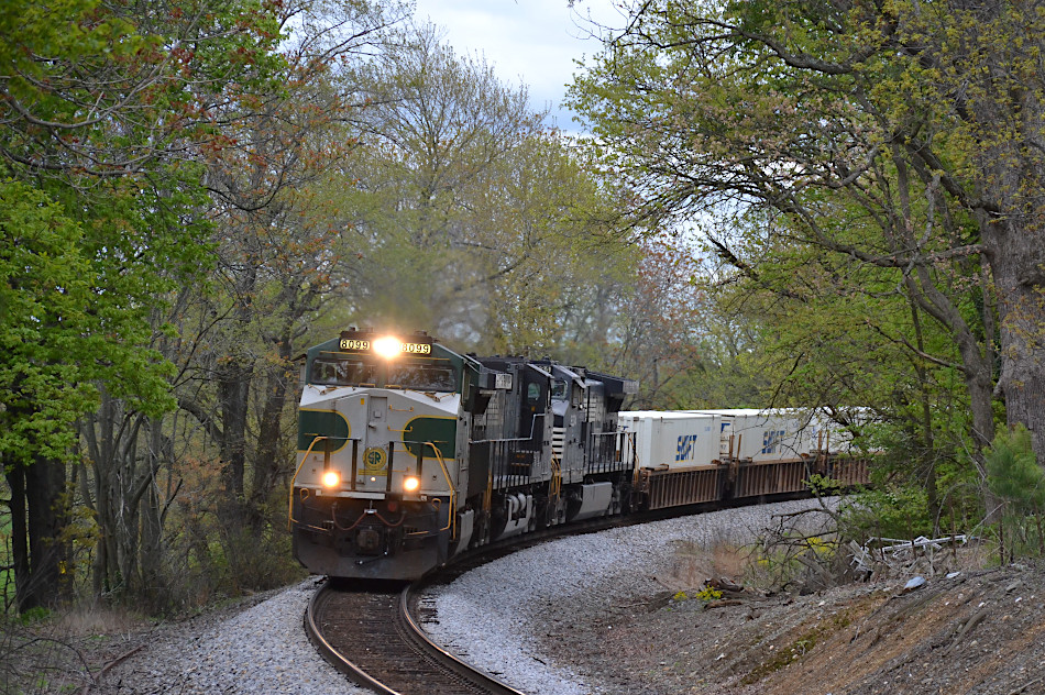 NS train 214 is led by ES44AC #8099 (the Southern Railway heritage unit) west across Rectortown Road in Marshall, Virginia on 4/25/2020.