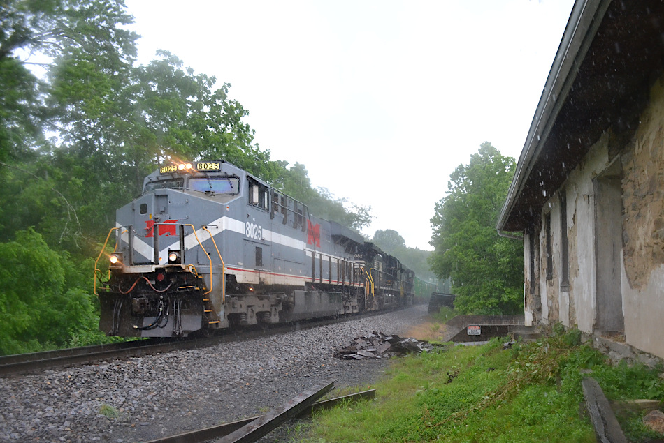 NS train 203 is led by ES44AC #8025 the (Monongahela Railway heritage unit) on the NS B-line east through Rectortown, Virginia on 6/21/2020.  