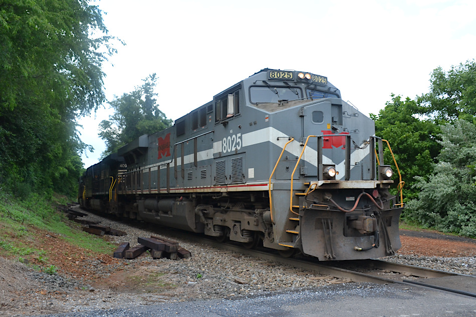 NS train 203 is led by ES44AC #8025 the (Monongahela Railway heritage unit) on the NS B-line east through Linden, Virginia on 6/21/2020. 