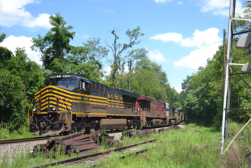 NS train 777 with NS ES44ACs #8100 (Nickel Plate Road heritage unit) and #8104 (Lehigh Valley Railroad heritage unit) crests Linden Hill on 8/3/2020.