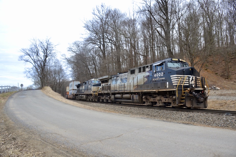 NS 227 is led by AC44C6M #4002 (special horse's mane paint scheme) at Belle Meade, VA on 1/24/21.