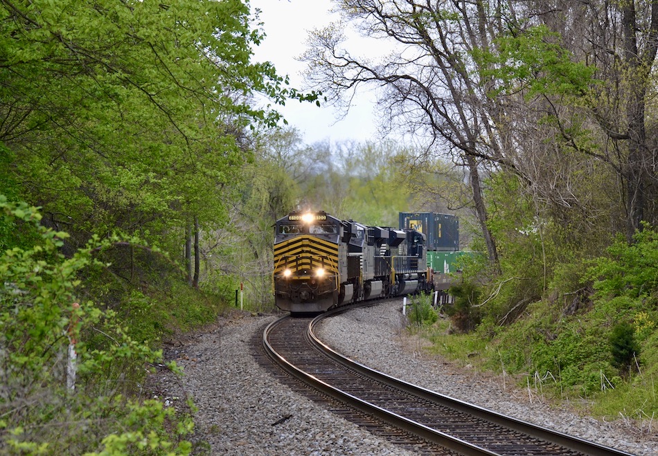 NS train 211 led by the Nickel Plate Road heritage unit nears Linden, Virginia on 4/22/2021.