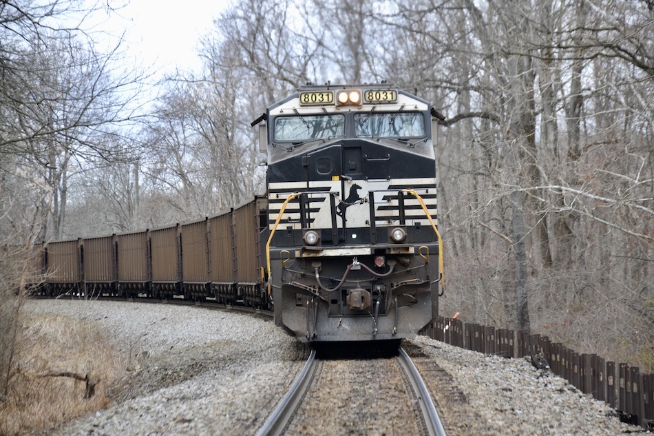 Rear DPU ES-44AC 8031 pushes train 779 up Linden Hill on 2/18/2022 past the Appalachian Trail crossing.