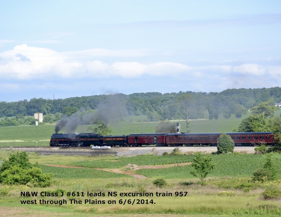 Norfolk & Western Class J #611 leads a steam excursion through The Plains, Virginia on 6/6/2014.