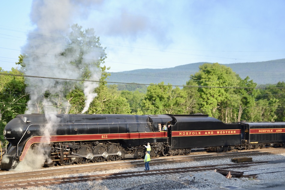 Norfolk and Western Class J 611 is in Shenandoah, Virginia preparing to head south to Roanoke on June 2, 2023.