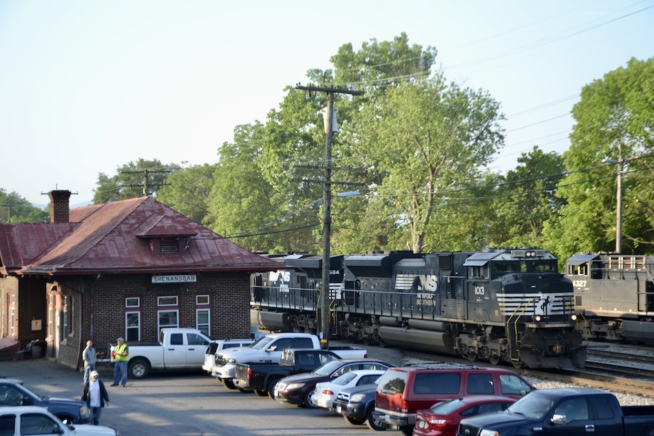 NS SD70ACe 1013 is the rear DPU on a southbound NS freight in Shenandoah, Virginia on June 2, 2023.