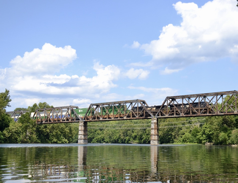 Norfolk Southern train 27A crosses the Shenandoah River in Front Royal, Virginia on July 23, 2023.