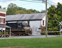 A Norfolk Southern intermodal train passes through the quaint town of Boyce, Virginia