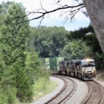 A Norfolk Southern train rounds a curve in Virginia